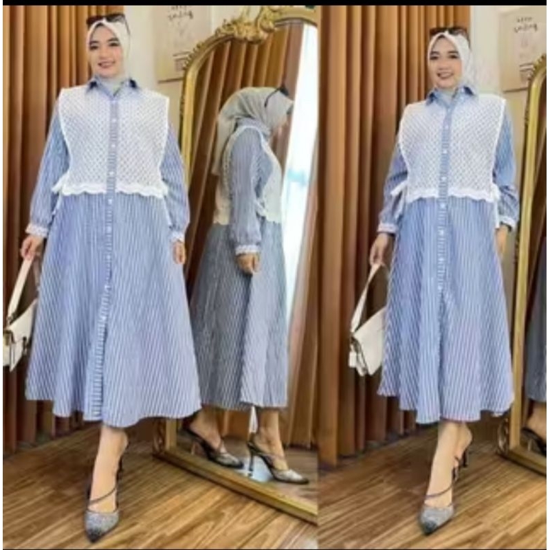 Midi Dress Katun Strip Salur Mix Burkat Gamis Garis-Garis Lengan Panjang Kombinasi Brukat Lebaran 20