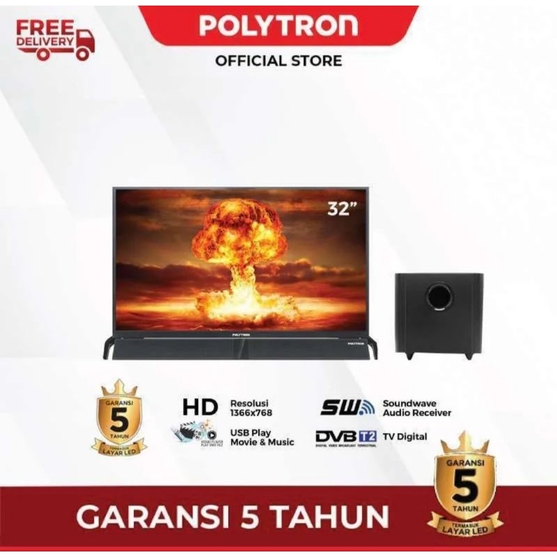 Polytron Led TV 32inch PLD32BV1558 Soundbar Subwoofer Digital TV Garansi 5tahun