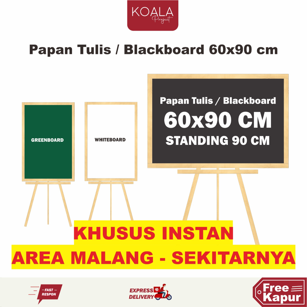 

PAPAN TULIS KAPUR BLACKBOARD GREENBOARD WHITEBOARD 60X90 CM + STANDING 90 CM - KHUSUS INSTAN AREA MALANG - KOALA PROJECT