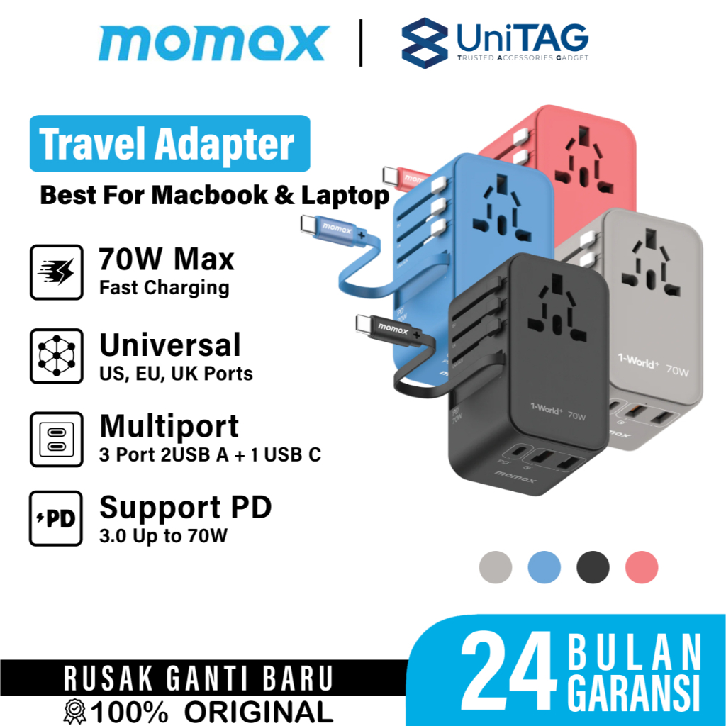 Universal Travel Adaptor Charger GaN MOMAX 1-World for Samsung Tablet Macbook Laptop Fast Charging T