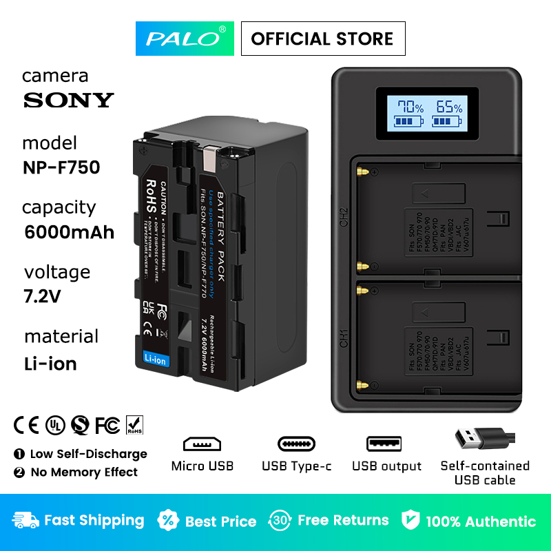 PALO NP F750 NP F770 6000mAh Camcorder Baterai + Pengisi Daya Baterai LCD untuk Sony NP F960 NP F970