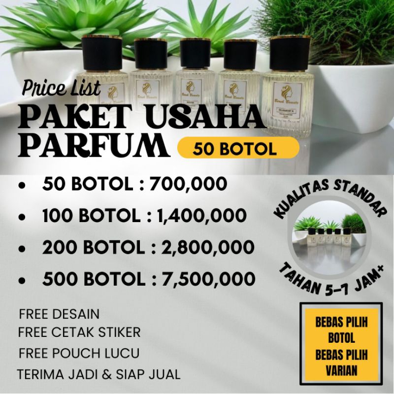 50 BTL PAKET USAHA PARFUM PREMIUM PRIA & WANITA ( BISA CUSTOM BRAND MERK SENDIRI ) SIZE +30 Ml