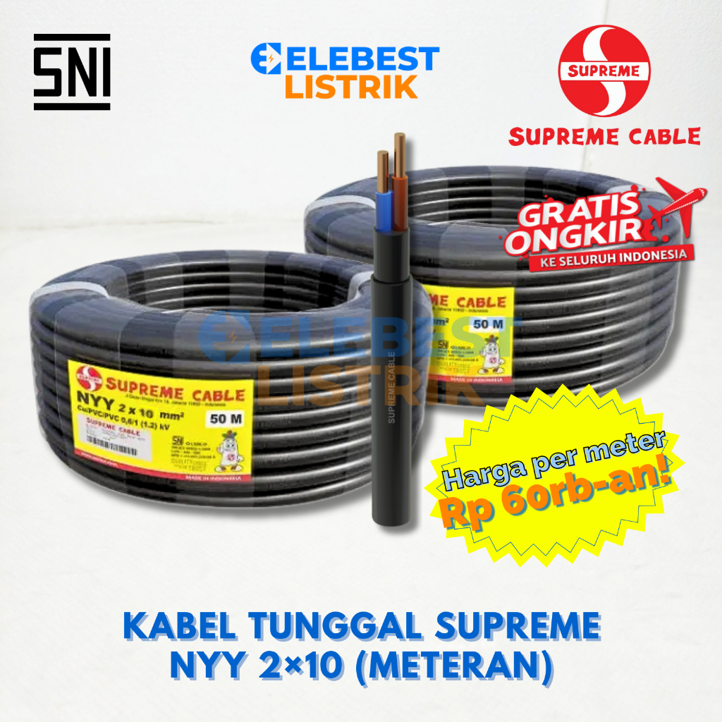 (PER METER) NYY 2x10 mm² SUPREME - Kabel Kawat Tembaga Tunggal Hitam Isi 2 x 10