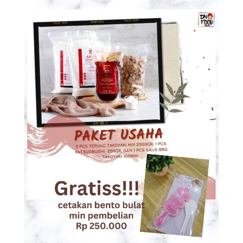 

Paket USAHA bahan takoyaki Premix Halal DNFOOD (2Tepung takoyaki premix2500gr, Saus takoyaki 1000ml, katsuobushi 250gr)