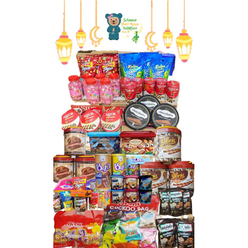 

JAJAN HAMPERS LEBARAN LENGKAP MURAH MERIAH- JAJAN KALENG SEASONAL/ jelly inaco astor nabati tango wafello kugi wafer biskuit yupi dilan