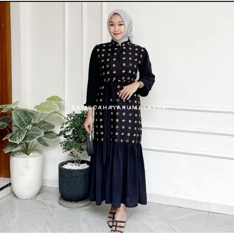 Gamis batik fatimah Natasya hitam kombinasi crikele Airflow baju lebaran gamis kekinian