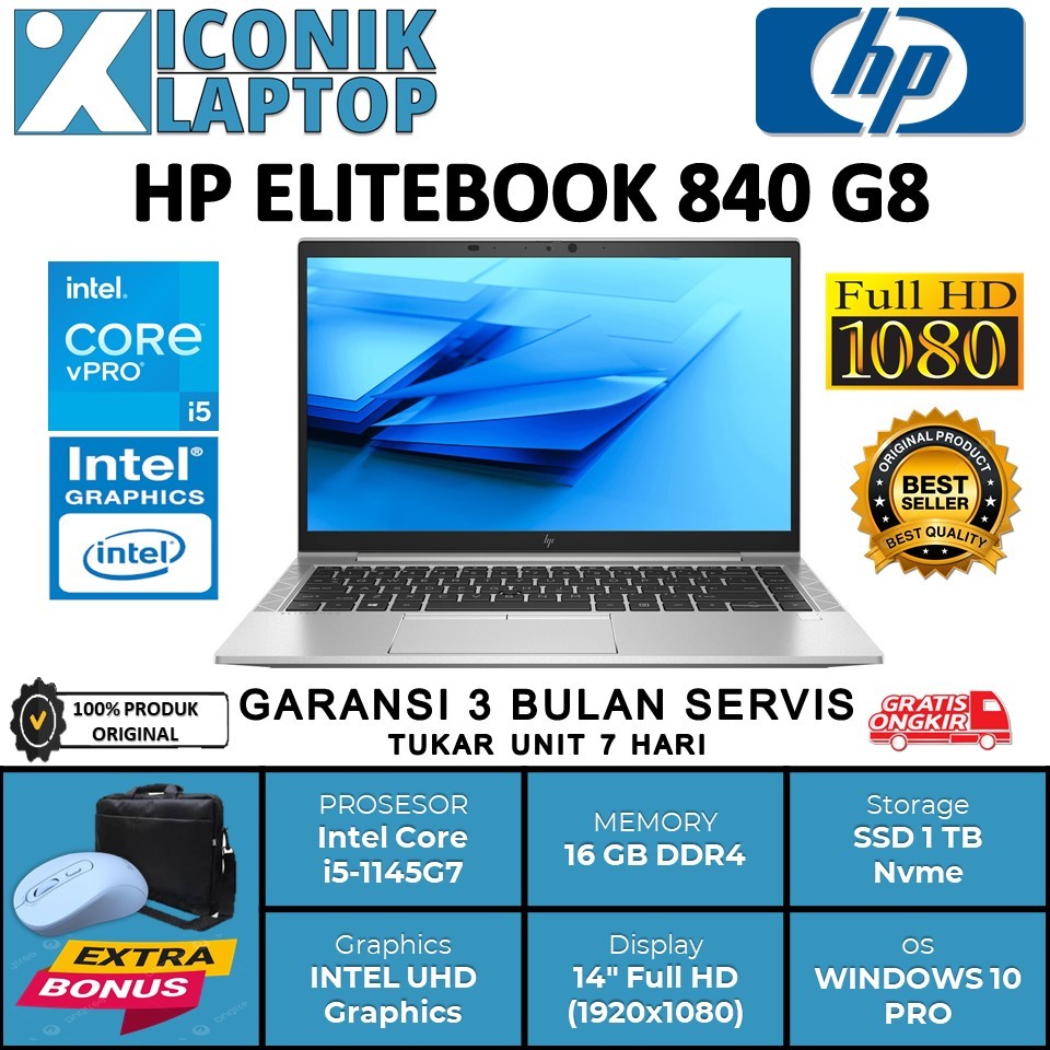 Laptop HP Elitebook 840 G8 Intel Vpro Core i5 1145G7 Ram 16 GB Ssd 512 GB  Nvme Layar 14" Full HD