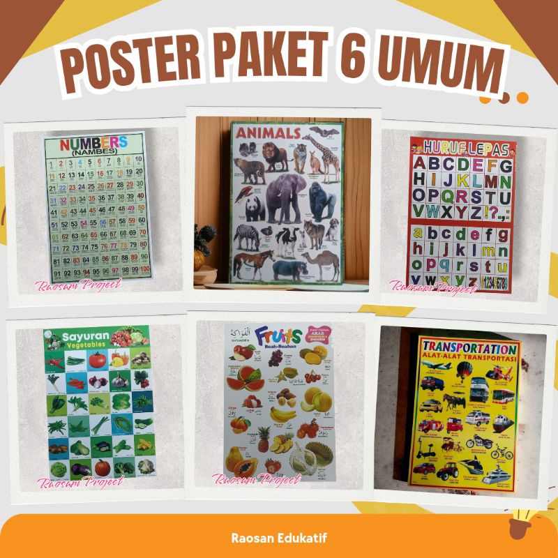 Paket 6 lembar Poster Edukasi Anak Lengkap Belajar Gambar Dinding Estetik Buah Sayur Angka Binatang