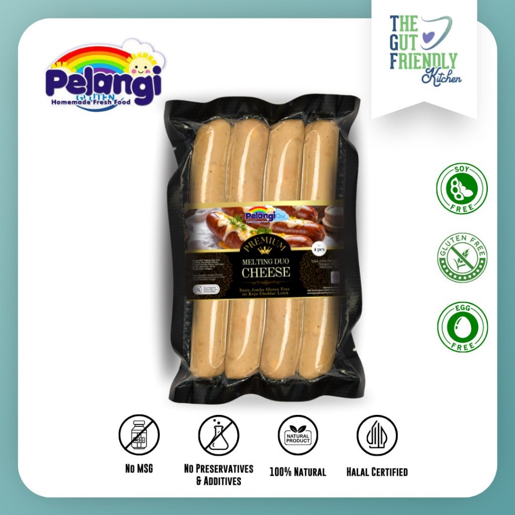 

PELANGI - Sosis Jumbo Melting Duo Cheese Soy Free, Gluten Free, Egg Free, Halal Non MSG & Non Pengawet