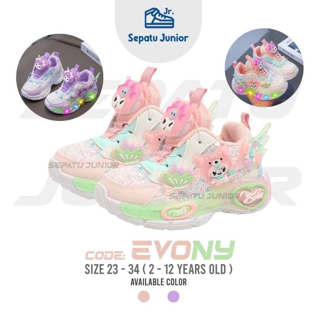 SEPATUJR - Sepatu Anak Perempuan Cewek Fashion Velcro Warna Pink dan Ungu Kuromi Lampu Nyala LED Kod