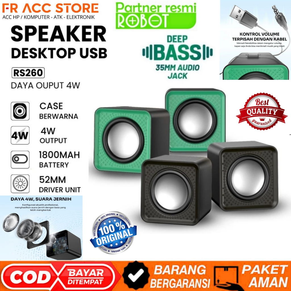 ROBOT RS260 Speaker Komputer Deep Bass jack Aux 3,5mm Audio USB Portable Speaker Gaming Komputer Lap