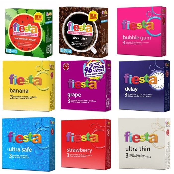 Kondom Fiesta isi 3/12 Sachet Berbagai Rasa (Max Dotted, Delay, Ultra Thin, Grape, Bubble Gum, Black