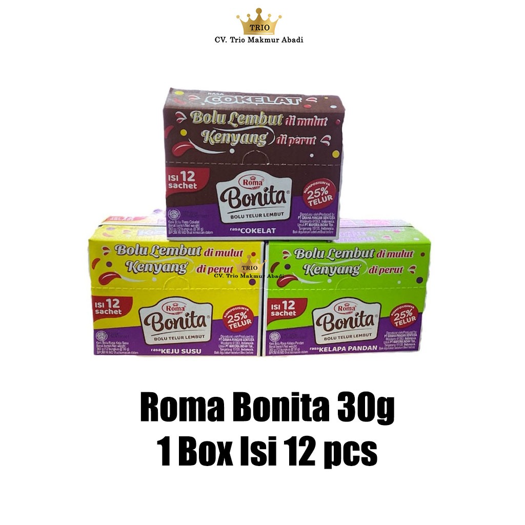 

Roma Bonita Bolu COklat / Kelapa Pandan 30g 1 Box Isi 12 pcs