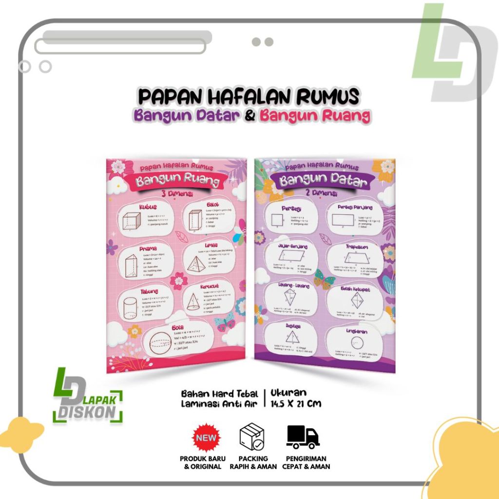 

Table Papan Hafalan Rumus Bangun Datar & Bangun Ruang Bahan Hard Tebal Laminasi Anti Air Ukuran 14,5 x 21 cm Varian Ungu dan Pink (Papan Hafalan)