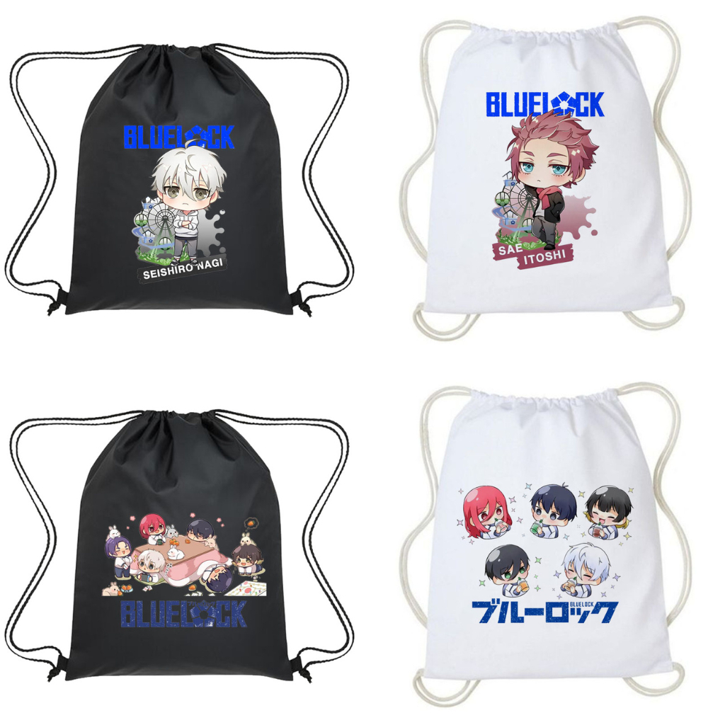 Tas Serut String Bag Blue Lock Anime Jepang Wibu Lucu Tas Gendong Kanvas Wanita Aesthetic Hitam