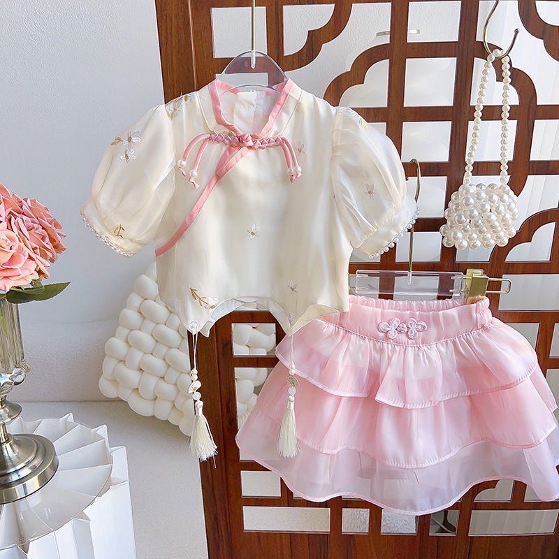 Setelan Rok Anak Perempuan, Baju Rok Lengan Pendek China Baru Kebaya Anak Perempuan