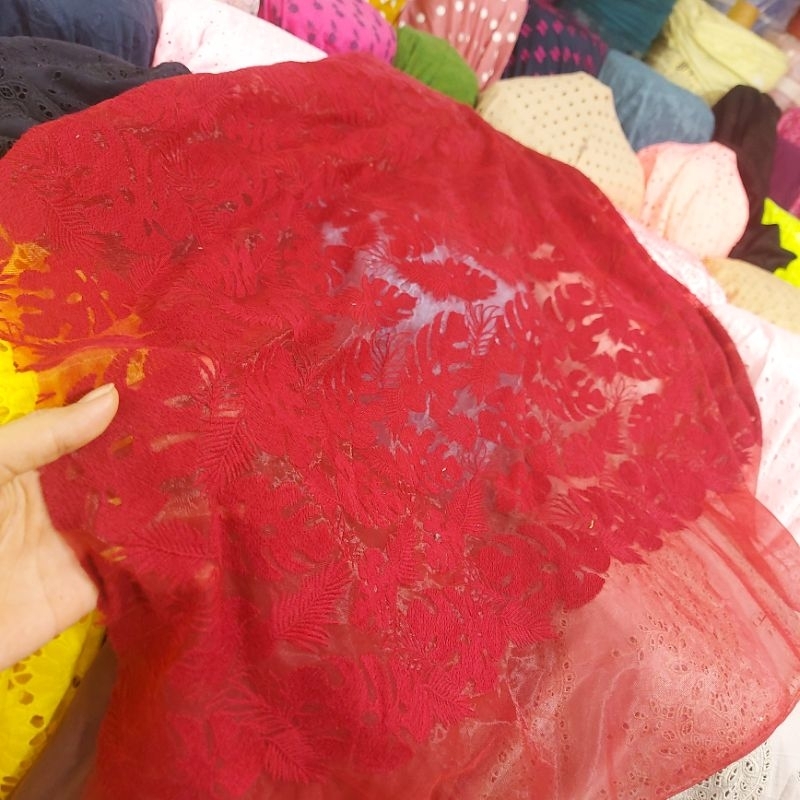 Kain Tile bordir Premium  - kain tile bordir bunga - kain tile bordir original - kain bordir (merah)