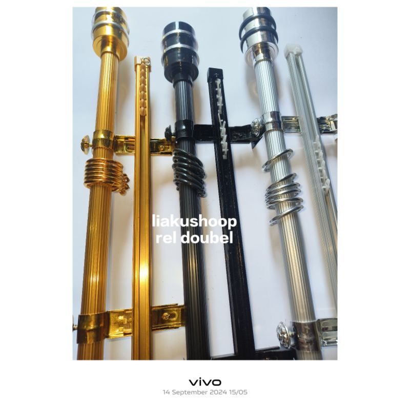 Batang gorden doubel rel bulat+ rel vitras emas/ hitam/coklat/putih tutup minimalis tiang gorden