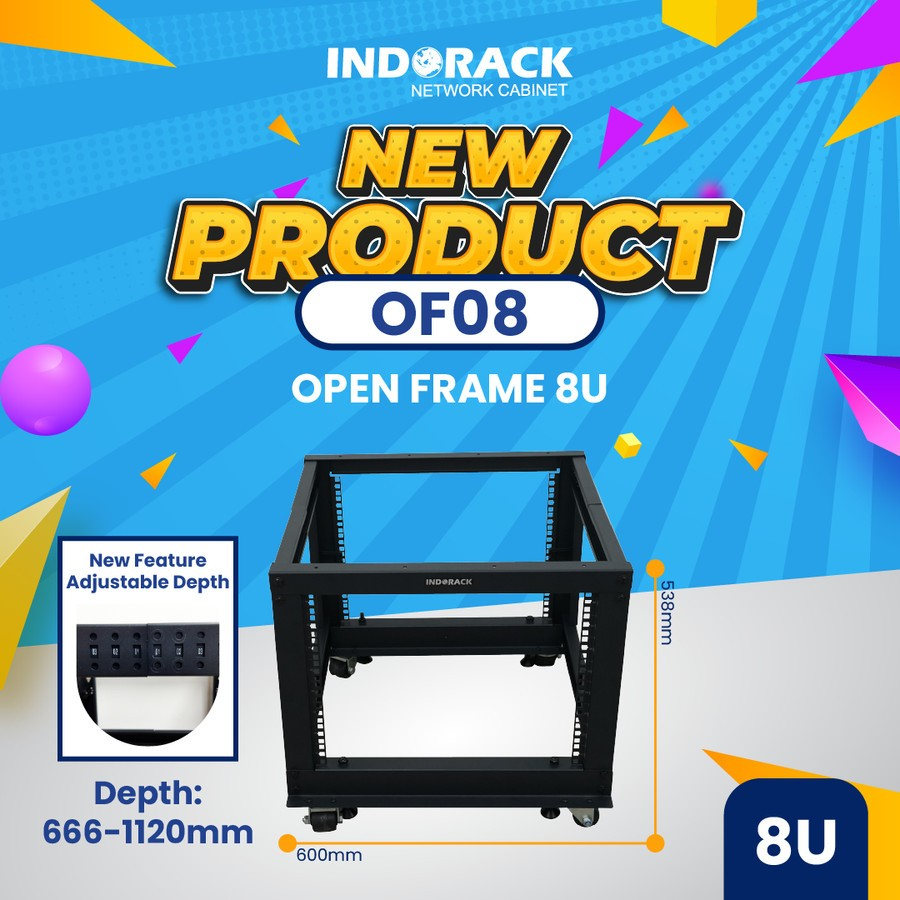 OF08 Indorack Open Frame 8U Depth Adjust 666 - 1120mm 8U