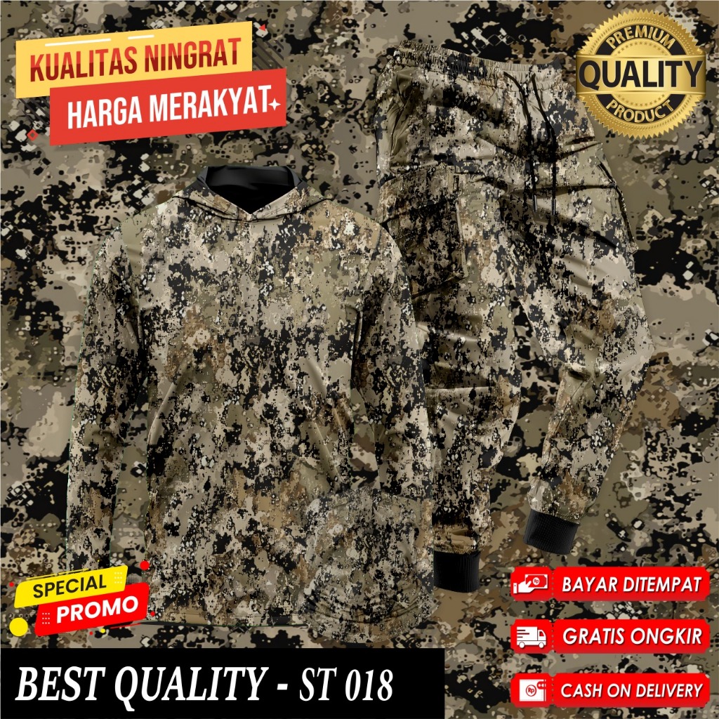 Setelan Baju Camo Hoodie Berburu Hunting Baju Berburu Hutan Kamuflase 1 Set Buff Celana Camo ST-018