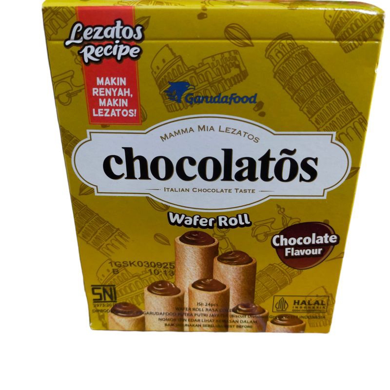 

Chocolatos wafer roll italian chocolate tasteChocolate flavour Lezatos recipe makin renyah makin lezatos Isi 24 pcs Kemasan box