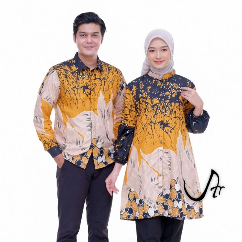 Baju Batik Couple Pasangan Kekinian Kemeja Dan Tunik Lengan Panjang Lengan Balon Full Kancing Depan 