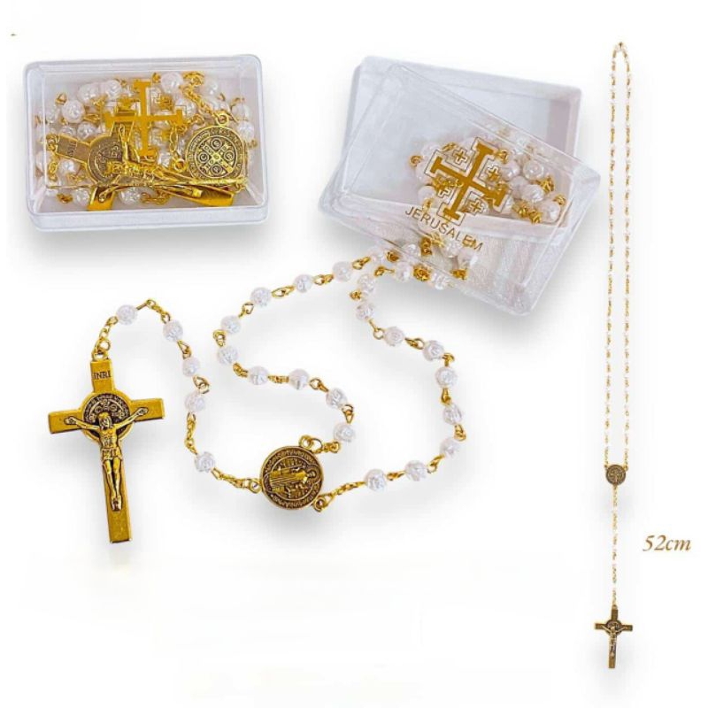 Rosario Mawar Putih Gold 6mm + Box Jerusalem - Rosario Mawar - Rosario Kawat - Kalung Rosario - Rosa