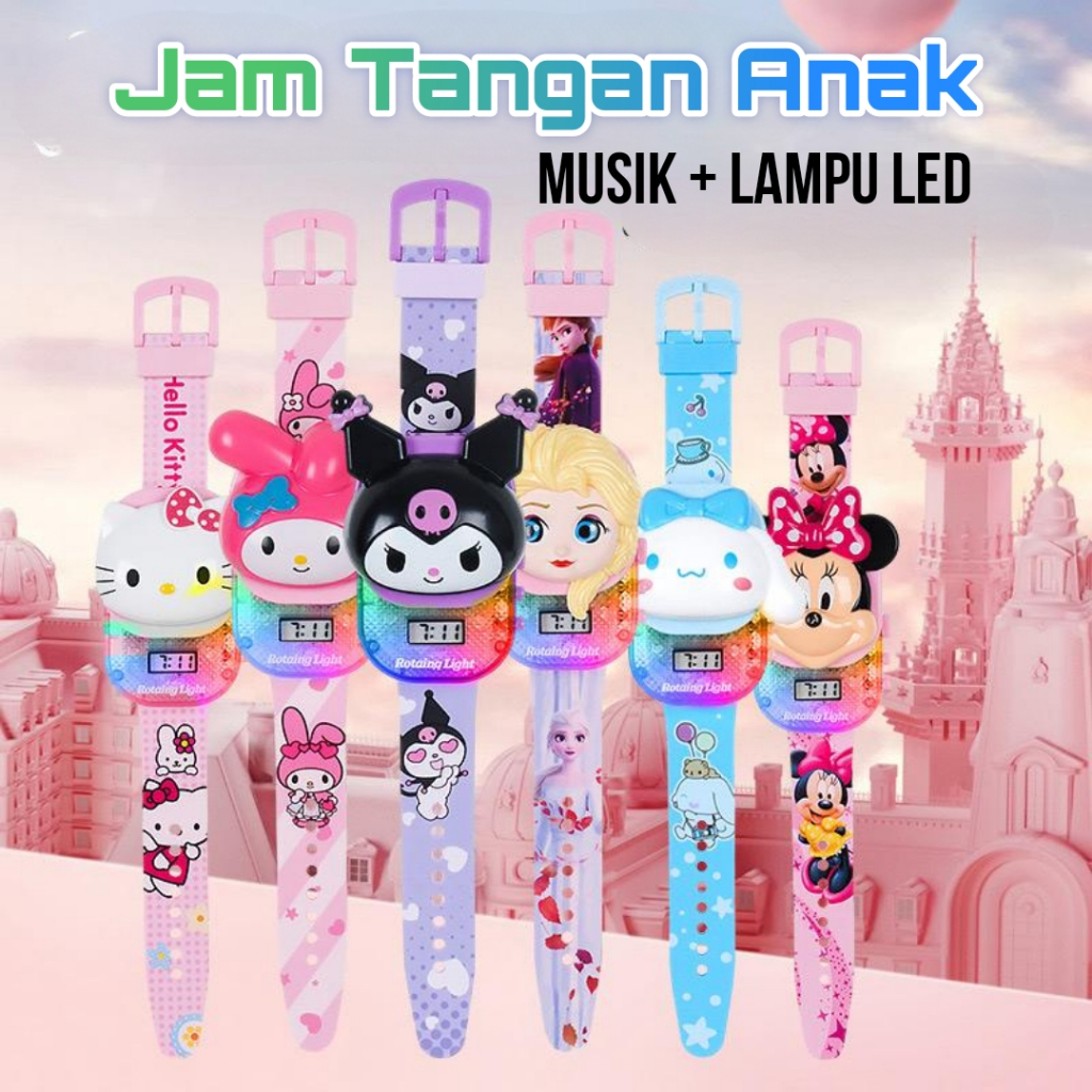 Jam Tangan Anak Kotak Geser Digital Sanrio Light Music & Lampu LED/ Jam Tangan Anak Superhero