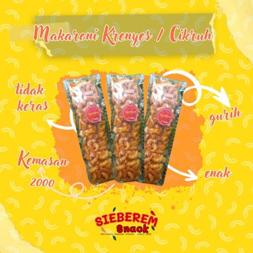 

Makaroni Krenyes/Cikruh kemasan 2000 Sieberem Snack Cemilan Khas Asal Kota Tasikmalaya Since 2023