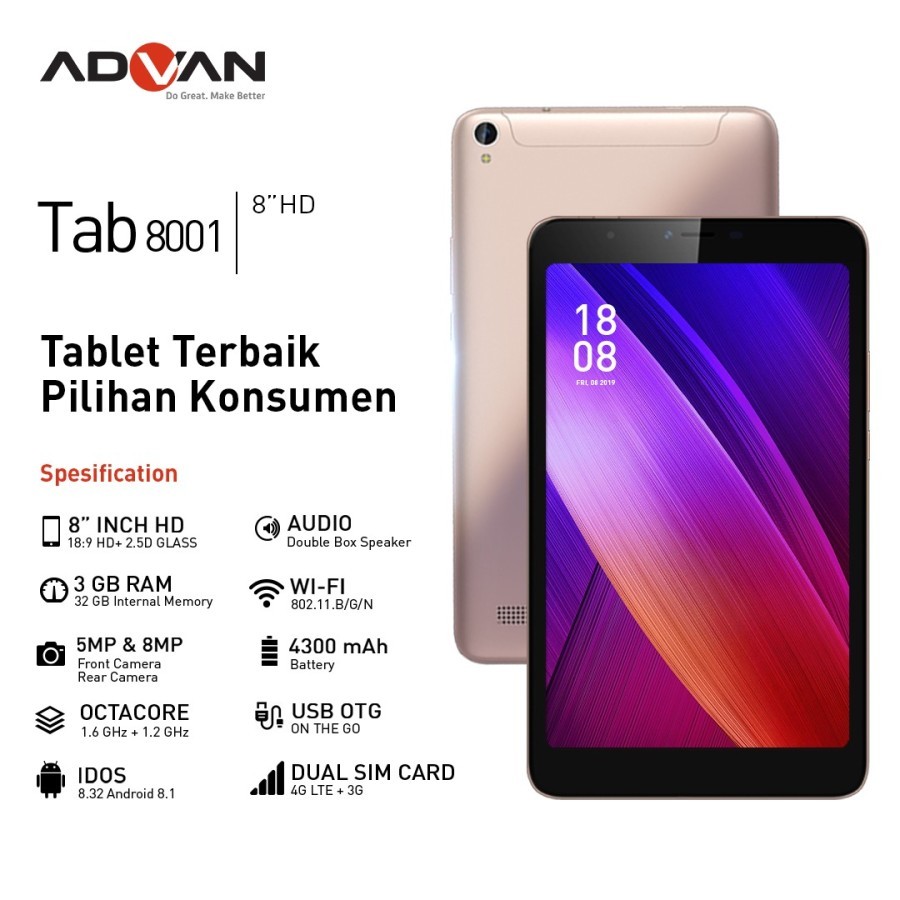 ADVAN TABLET G-TAB 8001 8in [Octa-core/3GB/32GB] 4G/LTE incld Folio Cs