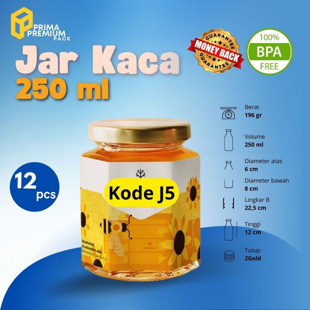 Jar Madu Kaca Hexagonal 90ml & 250 ml J4/J5