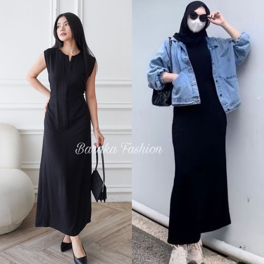 Inner Dress Tanpa Lengan Jumbo Rayon Twill Busui Gamis Tanpa Lengan Manset Gamis Dress Hitam