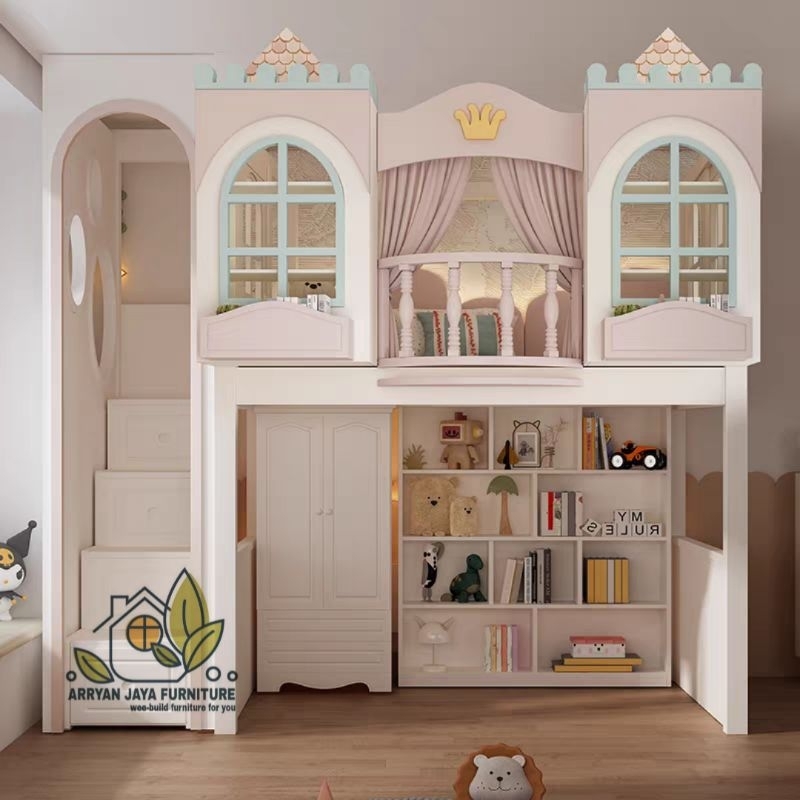 tempat tidur tingkat anak set meja belajar dan lemari
