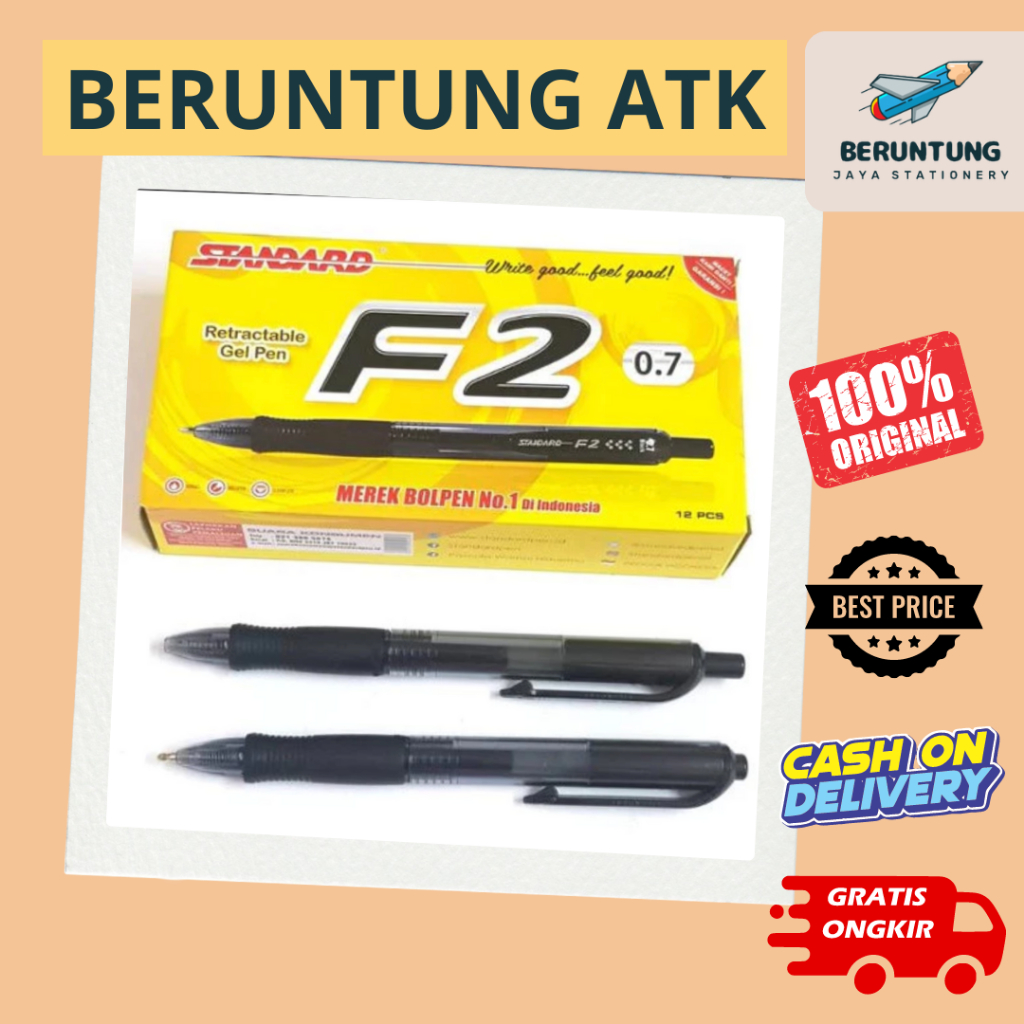 Pen Standard F2 (Satuan) (Retractable Gel Pen) Hitam 0.7 Dilengkapi Rubber Grip