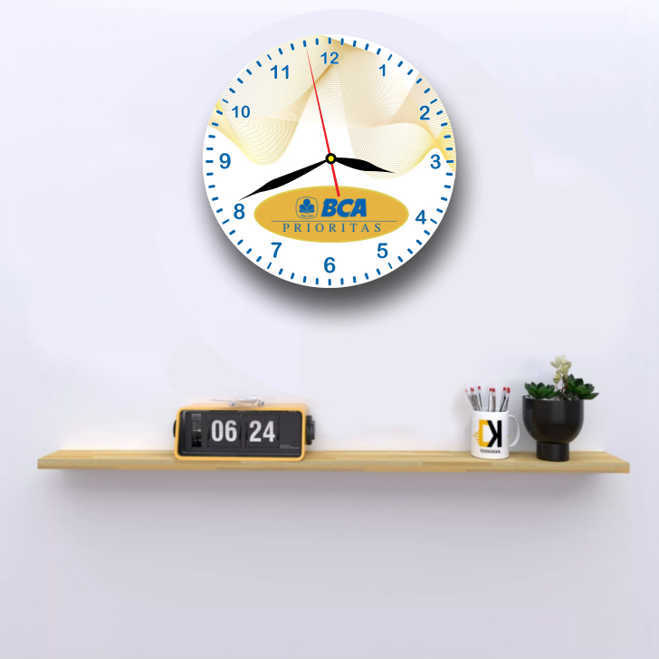 GILAN Jam Dinding Karakter Custom Jam Dinding Karakter Kayu Motif Logo BCA Prioritas Ukuran 30 cm