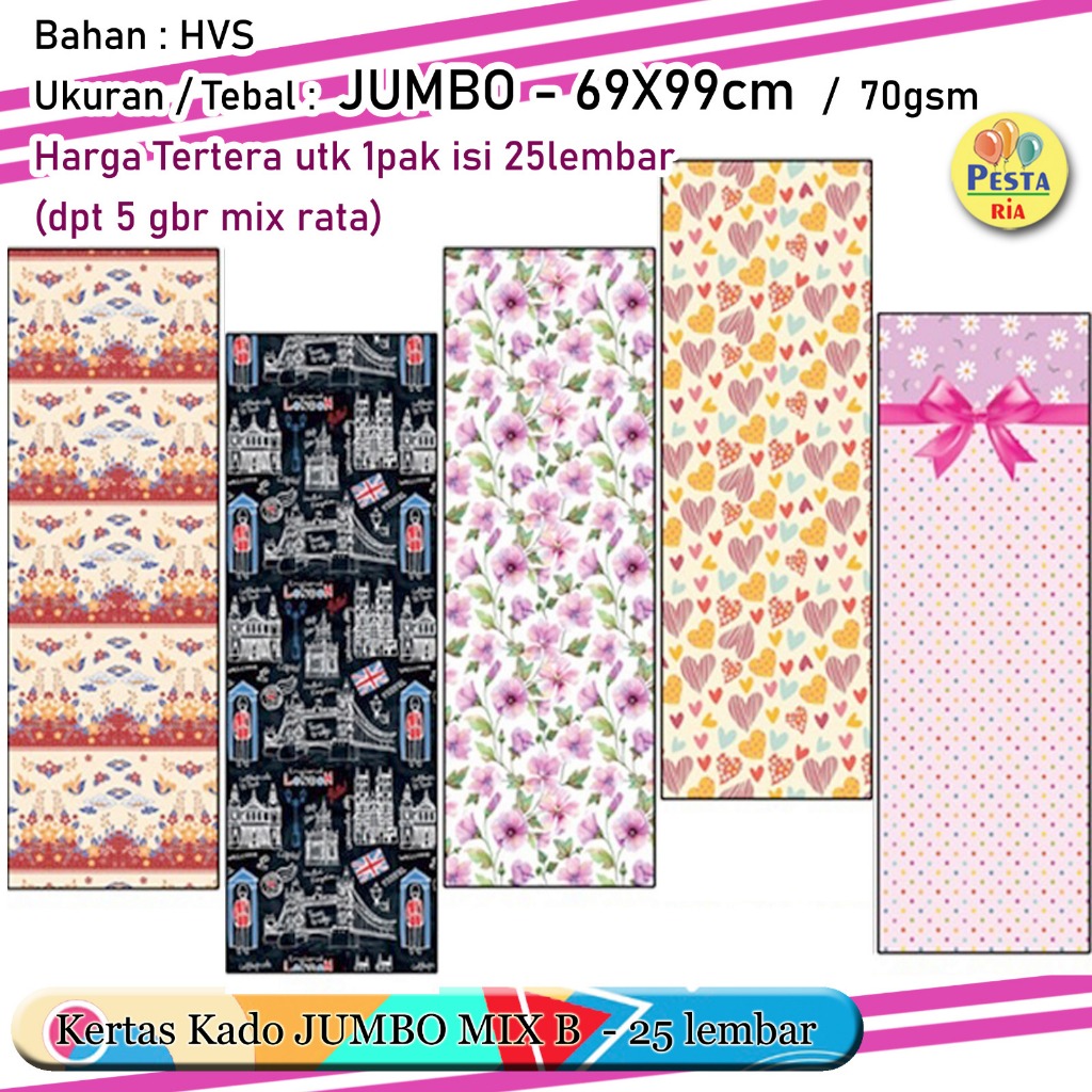 

Murah!! (1Set 25lmbr) Kertas kado motif JUMBO MIX B, kertas kado motif mix, Kertas Kado Setara Sansan Wawa
