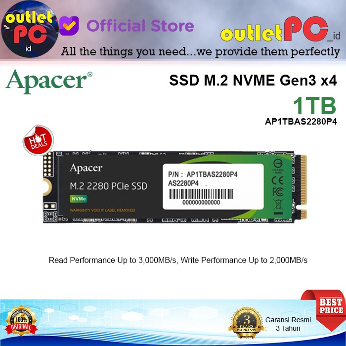 APACER SSD AS2280P4 M.2 PCIe Gen3 x4 1TB NVMe 1 TB 1T M2 3.0