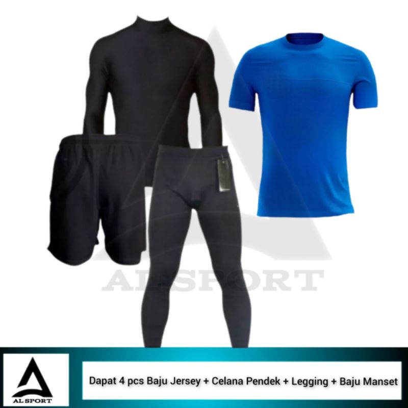 4 IN 1 Stelan Olahraga Pria Baju Jersey Celana Pendek Legging Sport Futsal Lari
