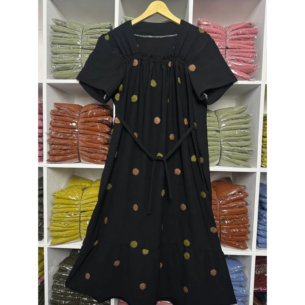 Fuji Pompom Polka Crinkle Airflow Daster Pakaian Wanita Dress Murah