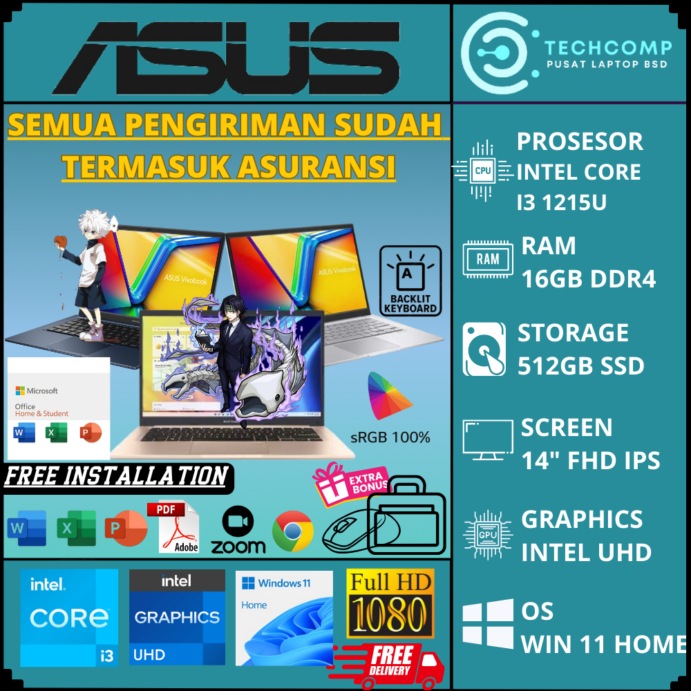 LAPTOP BARU ASUS VIVOBOOK 14 A1404ZA IPS 321/322/323 INTEL CORE I3 1215U RAM 8GB 256GB SSD FHD IPS 1