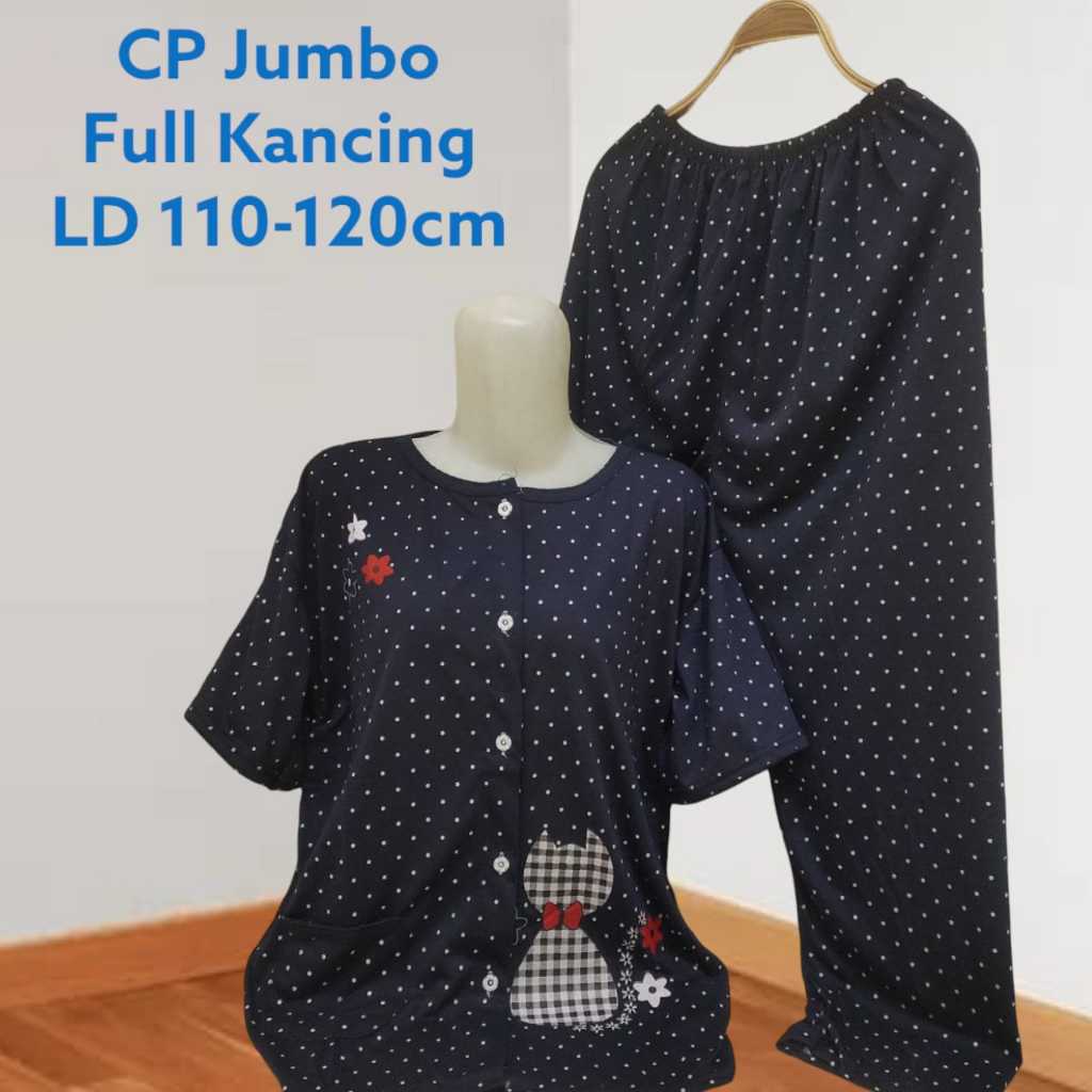 Set BabyDoll Full Kancing CP Jumbo Bahan Kaos Celana Panjang Baju Tidur Wanita LD 110-120cm