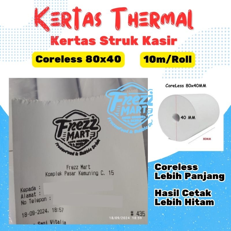 

Kertas Thermal Roll 80x40 Coreless 10m Print Struk Kasir 80 x 40 Termal Tanpa Tulang Tebal dan Lebih Hitam Cetak.