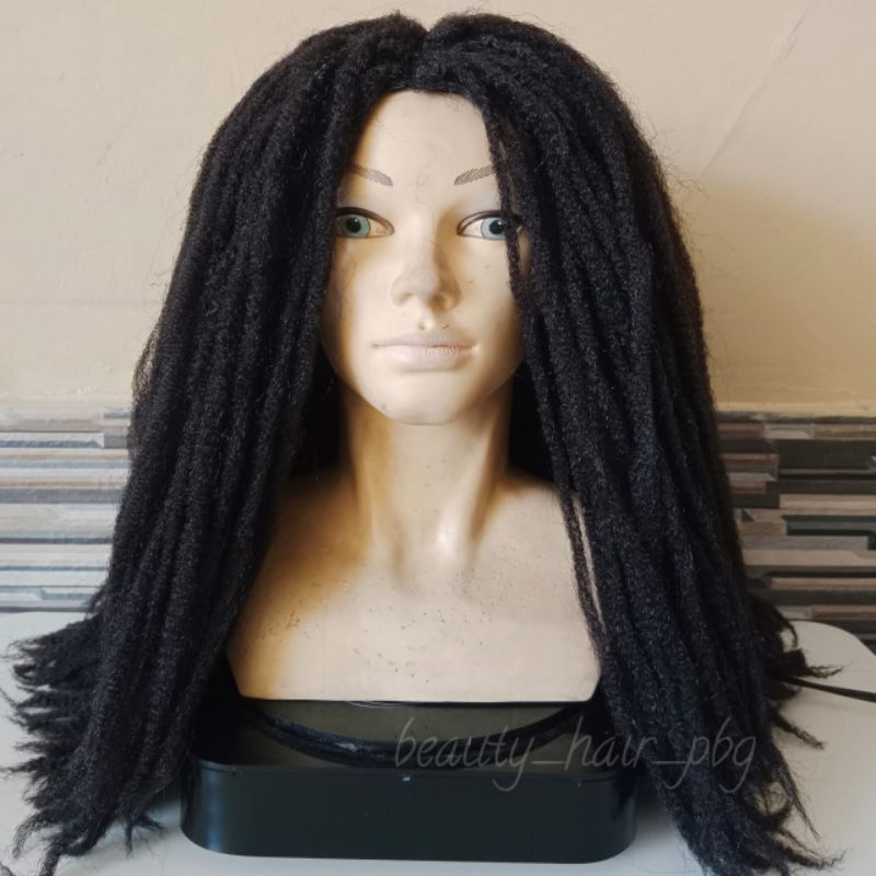 Wig Rambut Gimbal Pendek Belahan Tengah Warna Hitam Natural Wig Rasta Mania Untuk Pria & Wanita