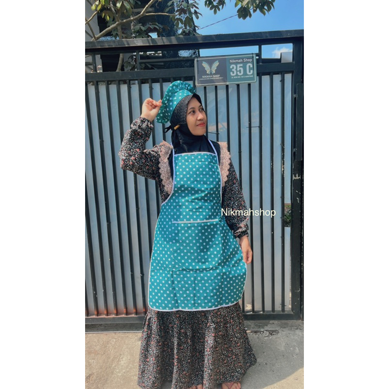 CELEMEK & TOPI masak Dewasa motif POLKADOT | celemek kain