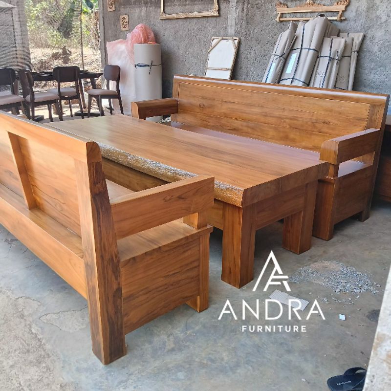 set kursi tamu bangku tebal meja holo, tebal kaki full kayu jati 2 bangku 1 meja