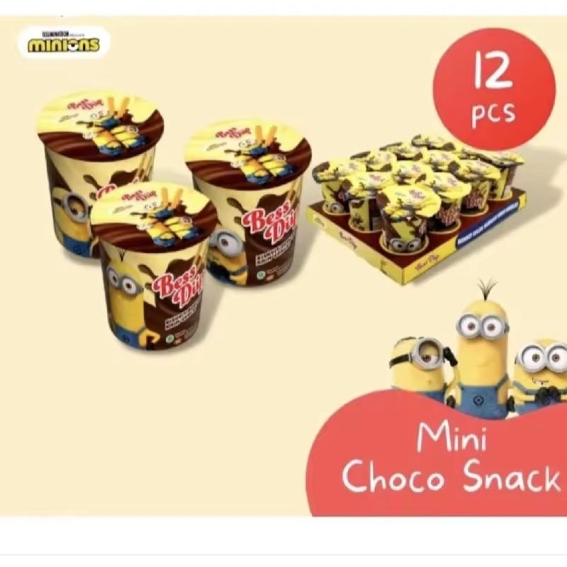 

Bess Dip Minion Biscuit Cokelat Snack Makanan Anak 1 Pack isi 12 pcs 8gr