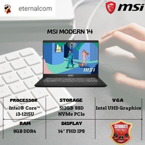 LAPTOP MSI MODERN 14 I3 1215 8GB 512GB W11+OHS 14.0FHD BLIT IPS GAMING