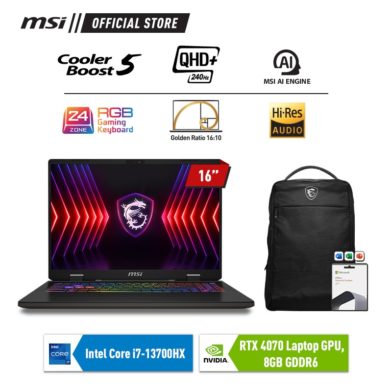 MSI SWORD 16 HX CORE I7 13700HX RTX 4070 - 16GB 1TB W11+OHS 16.0QHD 240HZ 100DCIP3 24ZRGB 2YR