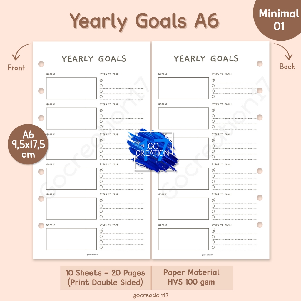 

Buku Planner Refill Kertas Isi Binder Yearly Goals Simple Minimalis A6