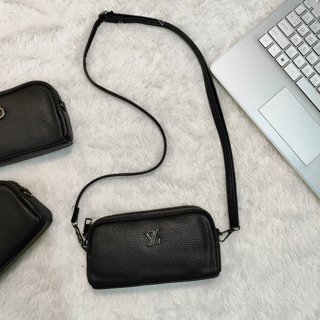 Queen MS - Tas selempang Tas handphone kulit hitam mini sling bag Tas kecil santai